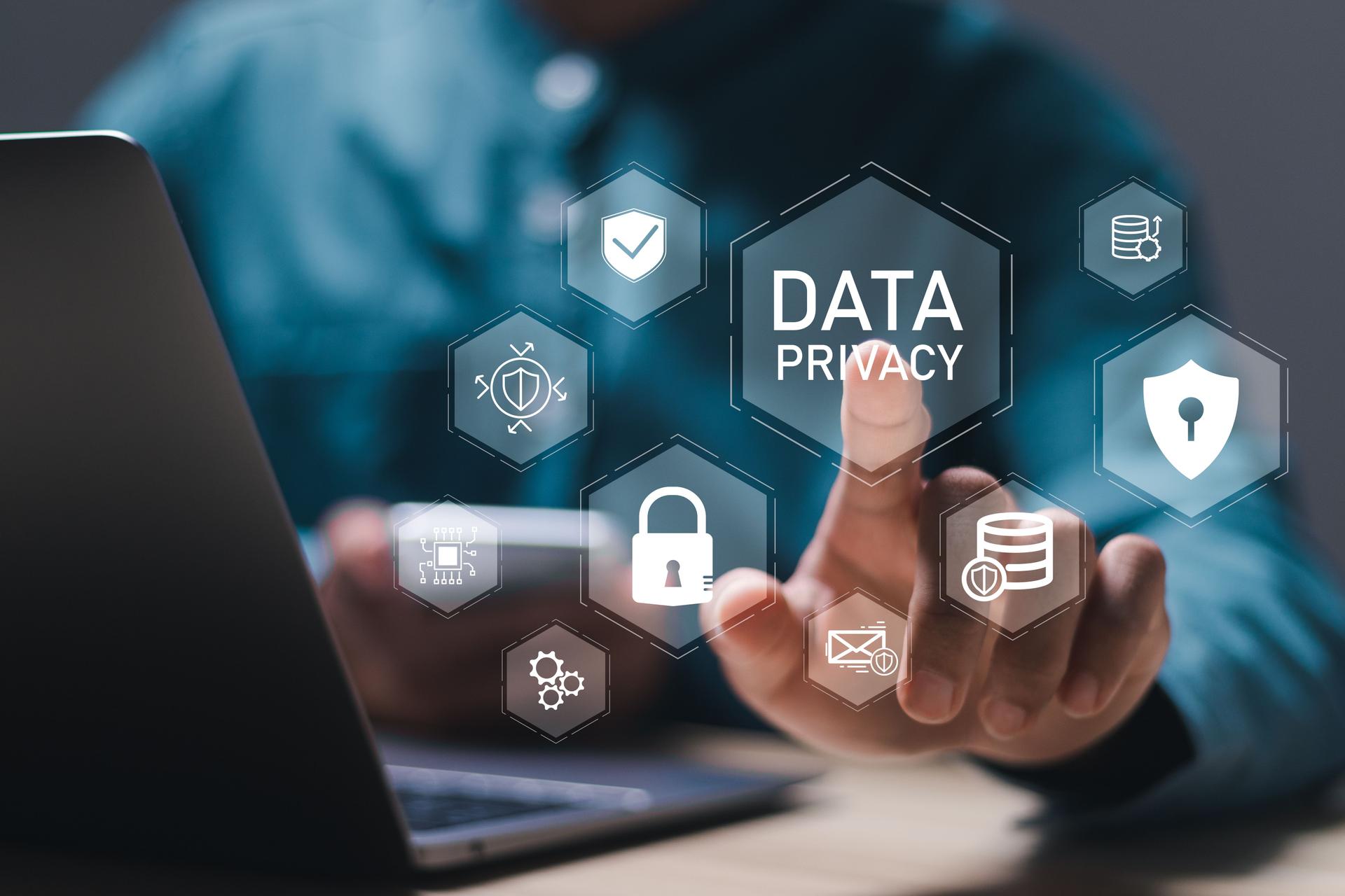 Data protection and security important information. Person touch virtual screen of data privacy word with security icons. business, technology, internet and network.